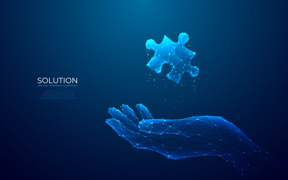 Abstract solution concept. Jigsaw or puzzle pieces in a human hand. Digital palm and one puzzle hologram on dark blue background. Low poly wireframe vector illustration in futuristic technology style.