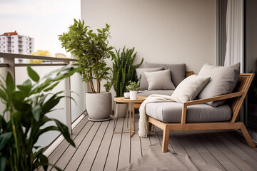 Modern balcony interior design with cozy sofa - obrazy, fototapety, plakaty