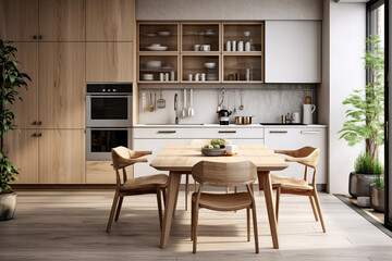 Fototapeta na wymiar Modern kitchen interior design. Minimalistic style with wooden texture