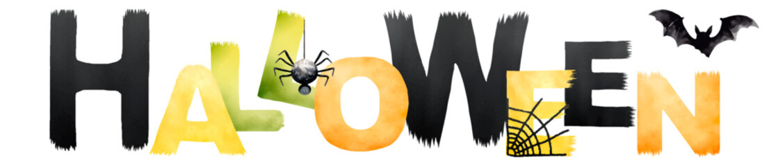 Halloween vector banner for print. Colorful Letter banner include black cat, spider, spiderweb, bat. Template for greeting cards, invitation, autumn mood decoration, greeting design, print