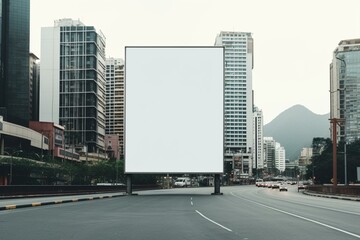 Empty vertical billboard on city background. Generative AI