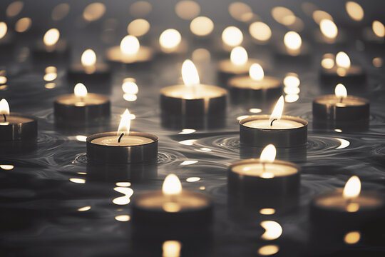 A mystical scene with floating candles on dark waters, offering a serene and magical atmosphere.