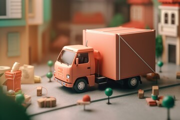 3D rendering of truck delivering parcels with location pin. Generative AI