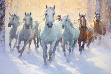 Oil paintings of horses in winter. Generative AI
