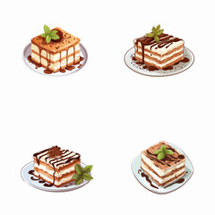 set of tiramisu watercolor illustrations for printing on baby clothes, pattern, sticker, postcards, print, fabric, and books