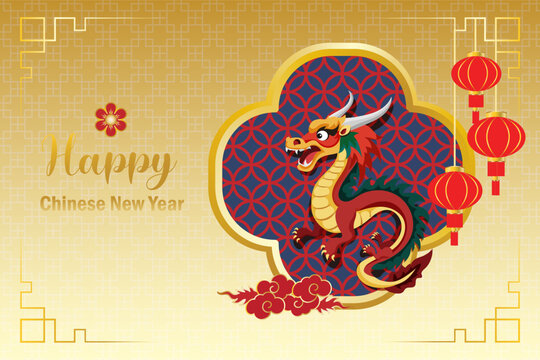 Happy Chinese New Year, year of dragon traditional design card. Dragon on Chinese lattice window frame and oriental clouds. Vector.	
