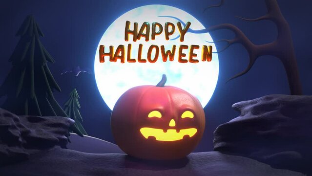 Halloween 3d animation with scary pumpkin, flying bats, and giant moon on background