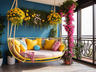 balcony and bedroom design with blue pink color