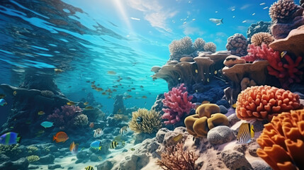 Naklejka na ściany i meble underwater world, coral reef, tropical fish, vacation, diving, travel, island, coastline, ocean, sea, snorkeling, clear blue water, bay, summer, nature, marine, sun, light, landscape, view, floral