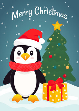 New Year card with penguin and gift, cute Christmas penguin