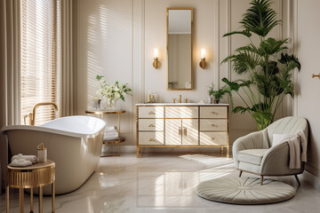 Fototapeta na wymiar Modern bathroom with tropical leaves. Classic interior design light pink and golden colors