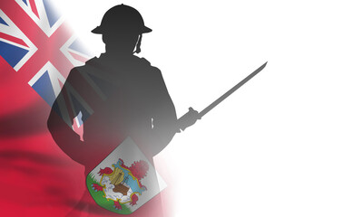 Soldier on Bermuda Islands flag background. British Commonwealth countries holiday. 3d illustration