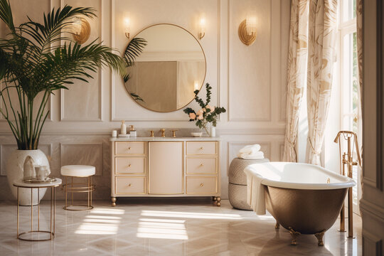 Modern bathroom with tropical leaves. Classic interior design light pink and golden colors
