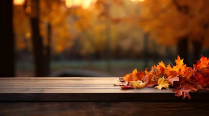 Naklejka na ściany i meble Autumnal Opulence, Maple Leaves Dance at Sunset, Enhancing the Natural Beauty of a Woodland Forest on a Mockup Wooden Table