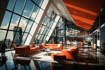 Interior of modern office building with orange armchairs. 3d rendering
