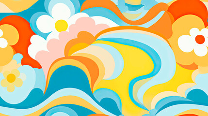 Seamless Colorful 70s Retro Style poster art with flowers, and psychedelic wavy shapes, colors in orange, pale blue, yellow and greens. Background texture or wall art.