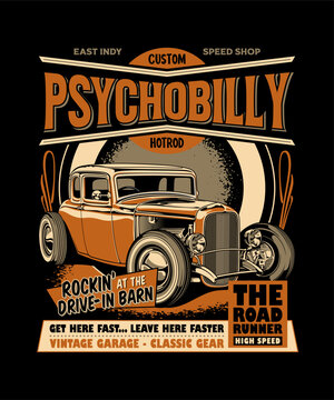 Psychobilly Custom Hotrod. Vintage Vehicle Vector Style.