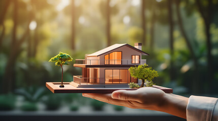Real estate concept with house model in human hand. 3d rendering