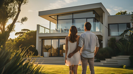 Couple in front of their new luxury home on a sunny day. Back view of young couple standing in front of their new modern luxury villa. Real estate business concept.