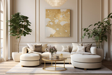 Modern living room with sofa and lamp. Classic interior design light pink and golden colors - obrazy, fototapety, plakaty