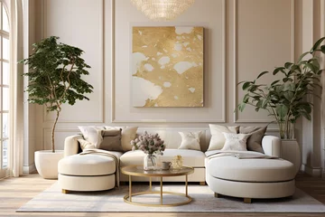 Fotobehang Modern living room with sofa and lamp. Classic interior design light pink and golden colors © Anna