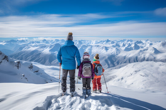 Family Fun, Skiing in the Alpine Alps on a Sunny Winter Day