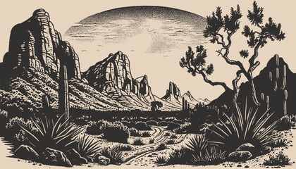 Mountain desert texas background landscape. Wild west western adventure explore inspirational vibe. Graphic Art. Engraving Vector
