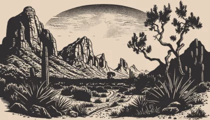 Poster Mountain desert texas background landscape. Wild west western adventure explore inspirational vibe. Graphic Art. Engraving Vector © Graphic Warrior