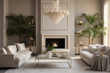 Modern living room with sofa and lamp. Classic interior design light pink and golden colors