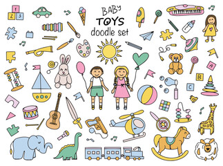 A set of children's toys. Bright toys in doodle style. Vector illustration. 