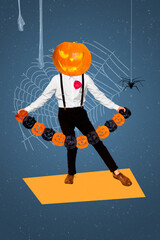 Vertical photo collage invite halloween party hold decor pumpkin jack headless angry character...
