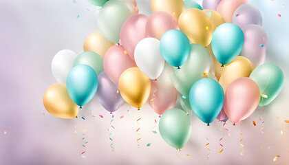 Lots of bright colorful pastel balloon decorations and space for text against colored cute background. Baby birth or birthday celebration background.
