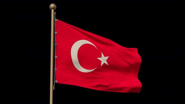The flag of Turkey flutters in the gentle wind. Close up. Alpha Channel