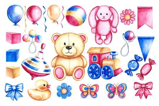 A set with children's toys. A ball and a spinning top, cubes and a teddy bear, a train. Handmade watercolor illustration. For the design of children's books, greeting and invitation cards and flyers.
