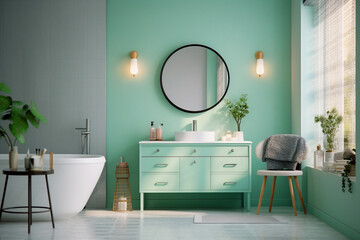 Modern bathroom with mirror. Light green and white colors, minimalistic interior design