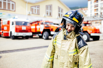 Child, cute boy, dressed in fire fighers cloths in a fire station with fire truck, childs dreamed...