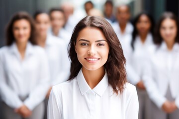 portrait of a smiling professional businesswoman in a white shirt stands against the background of a team of colleagues