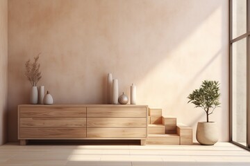 The interior of the house in white tones with stairs and a modern rustic relaxation corner with cozy window lighting.