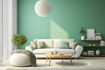 Fototapeta na wymiar Modern living room with sofa. Light green and white colors, minimalistic interior design