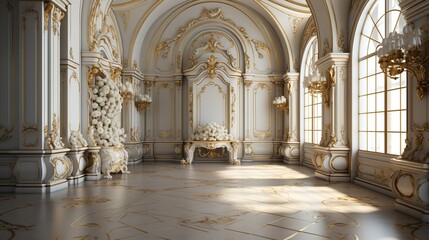 3d for Empty hall interior with luxurious ornaments glitter of church or palace clean white tones with arches windows doors and beautiful. - obrazy, fototapety, plakaty