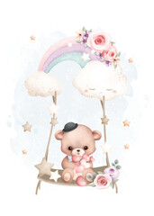 Watercolor illustration Teddy bear swings on rainbow with stars