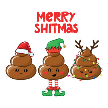 Merry ShitMas and Crappy New Year - Cute smiling happy poop in Chritsmas tree costume with funny quote. Vector flat cartoon character in kawaii style. Xmas poop, shit character. For t-shirt, mug, gift