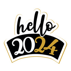 Hello 2024 - Greeting card. Modern brush calligraphy. Isolated on white background. Hand drawn lettering for Xmas greetings cards, invitations. Good for t-shirt, mug, gifts. 