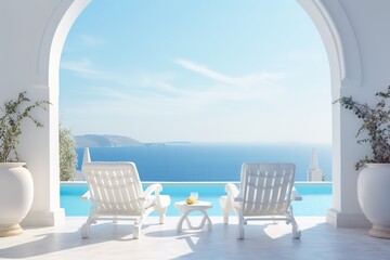 Beach mattresses or bunk chairs on the terrace of a modern house with a swimming pool with sea view and blue sky scene.
