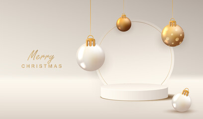Christmas card with white 3d podium and gold balls in cream brown design. Xmas place to display gift sale product with balls. Happy New Year concept.	
