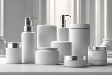 Trendy cosmetic products of new female skin care line for health, beauty and wellbeing. White mockup bodycare bottles, jars and soap dispenser with pump lid standing in row on shelf or table in salon