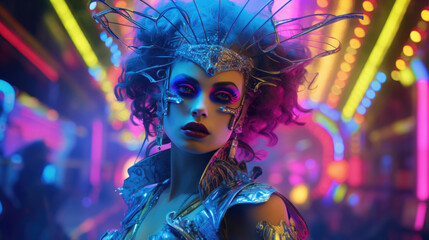 A neon-powered cyberpunk carnival at midnight