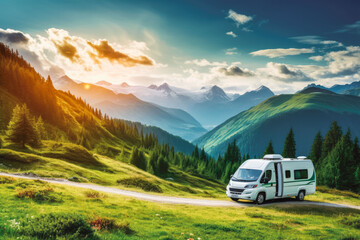 A camper van in the mountains in summer. Outdoors in nature with a camper van, enjoying sunny summer days and serene mountain views. - obrazy, fototapety, plakaty