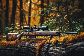 A rifle with a telescopic sight hunting in the forest. Hunters in forest with rifle guns. Gun violence and hunting concept. - obrazy, fototapety, plakaty