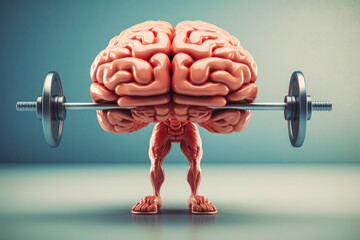 Brain strengthening weights. Mental growth idea or concept. Brain with a weight to represent mental work and learning or training.